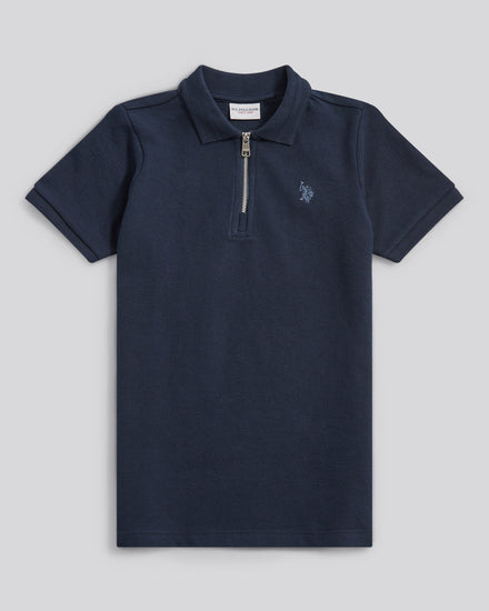Boys Flat Pile Texture Zip Polo Shirt in Dark Sapphire Navy / Moonlight Blue DHM
