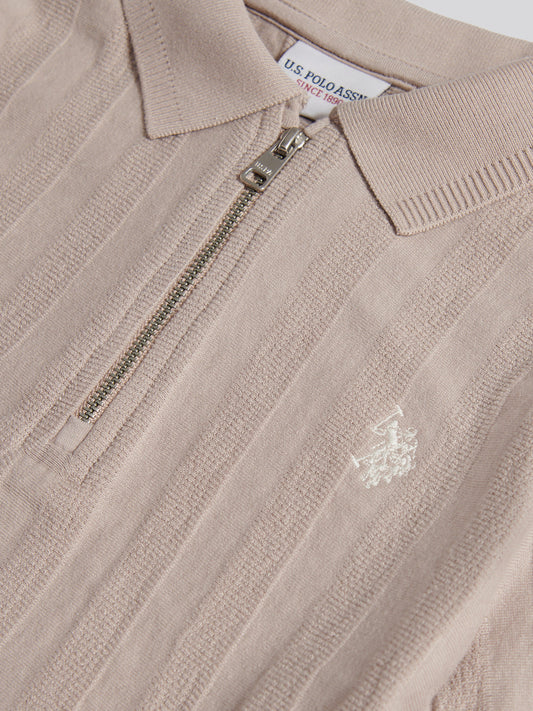 Boys Vertical Stripe Texture Zip Polo Shirt in Atmosphere