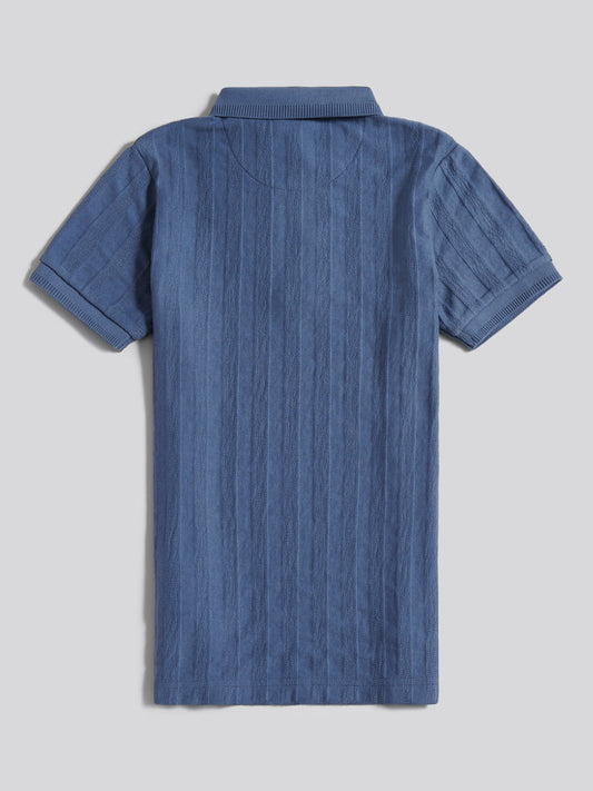 Boys Vertical Stripe Texture Zip Polo Shirt in Vintage Indigo