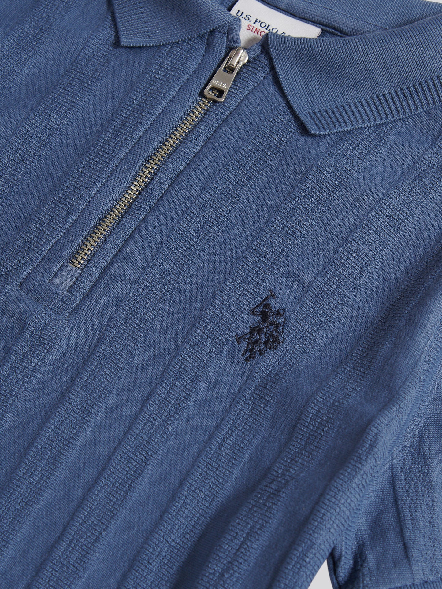 Boys Vertical Stripe Texture Zip Polo Shirt in Vintage Indigo
