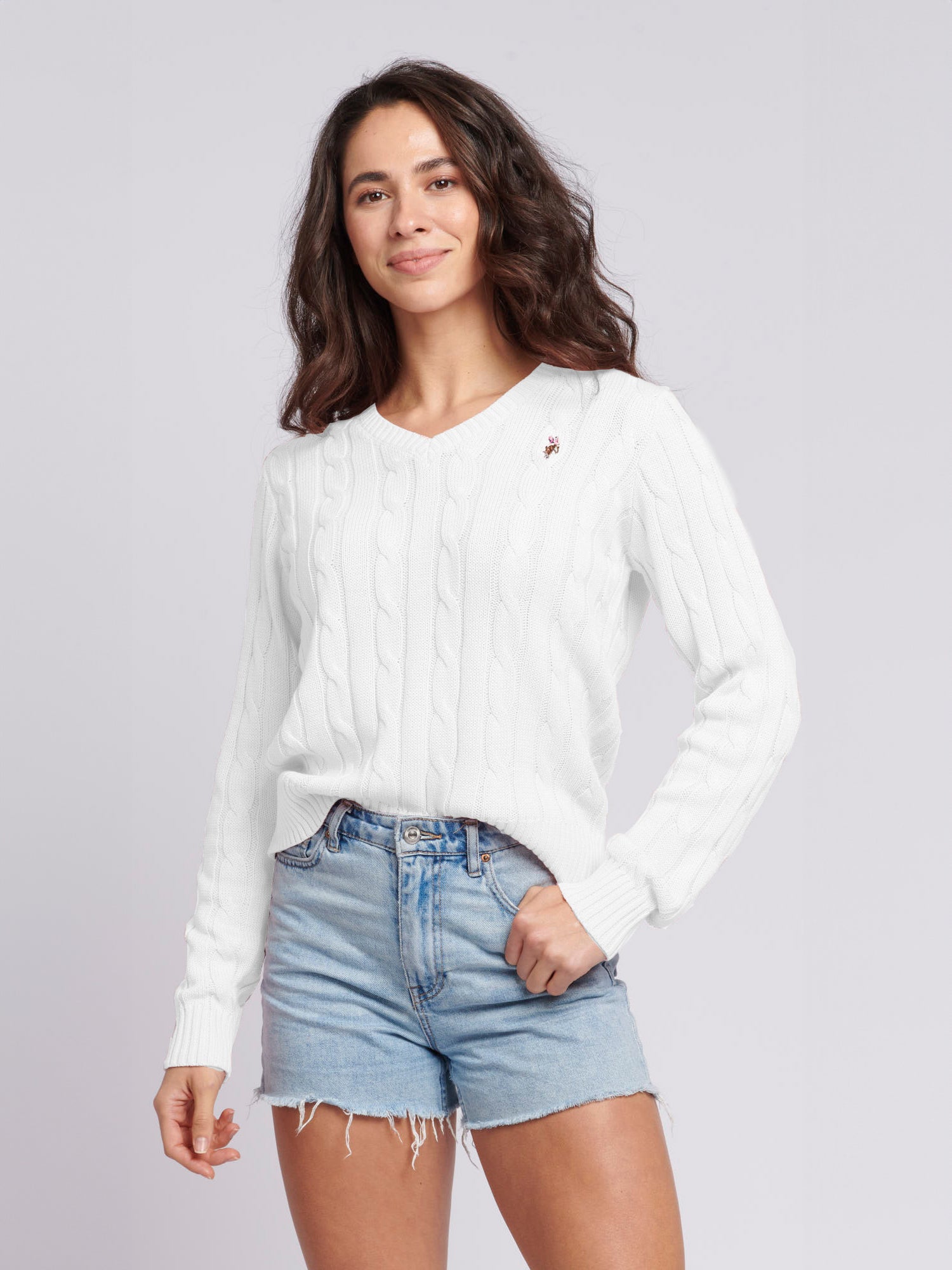 Womens V-Neck Cable Jumper in Marshmallow – Polo Australia