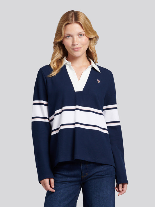 Womens Contrast Collar Stripe Rugby Top in Navy Iris