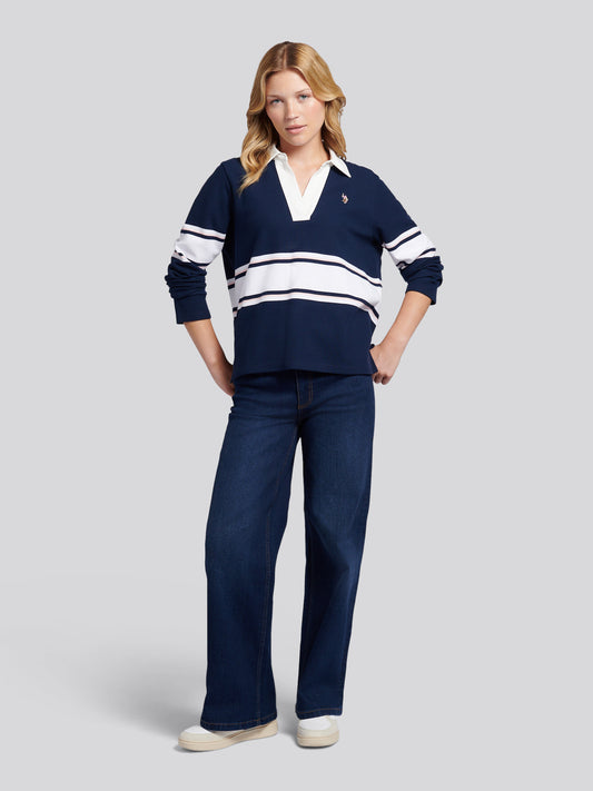 Womens Contrast Collar Stripe Rugby Top in Navy Iris