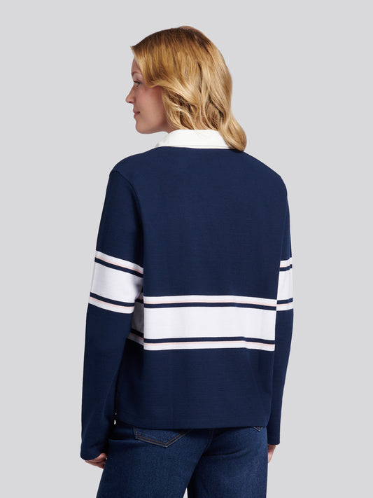 Womens Contrast Collar Stripe Rugby Top in Navy Iris