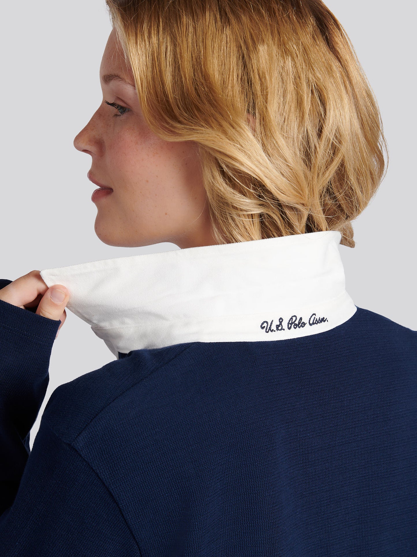 Womens Contrast Collar Stripe Rugby Top in Navy Iris