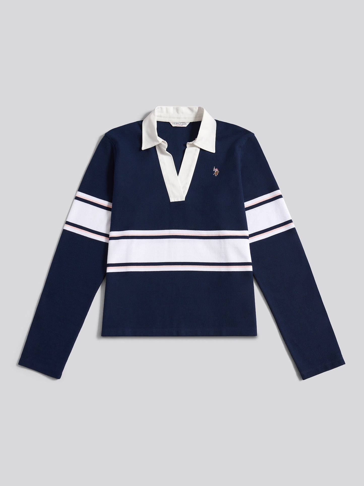 Womens Contrast Collar Stripe Rugby Top in Navy Iris