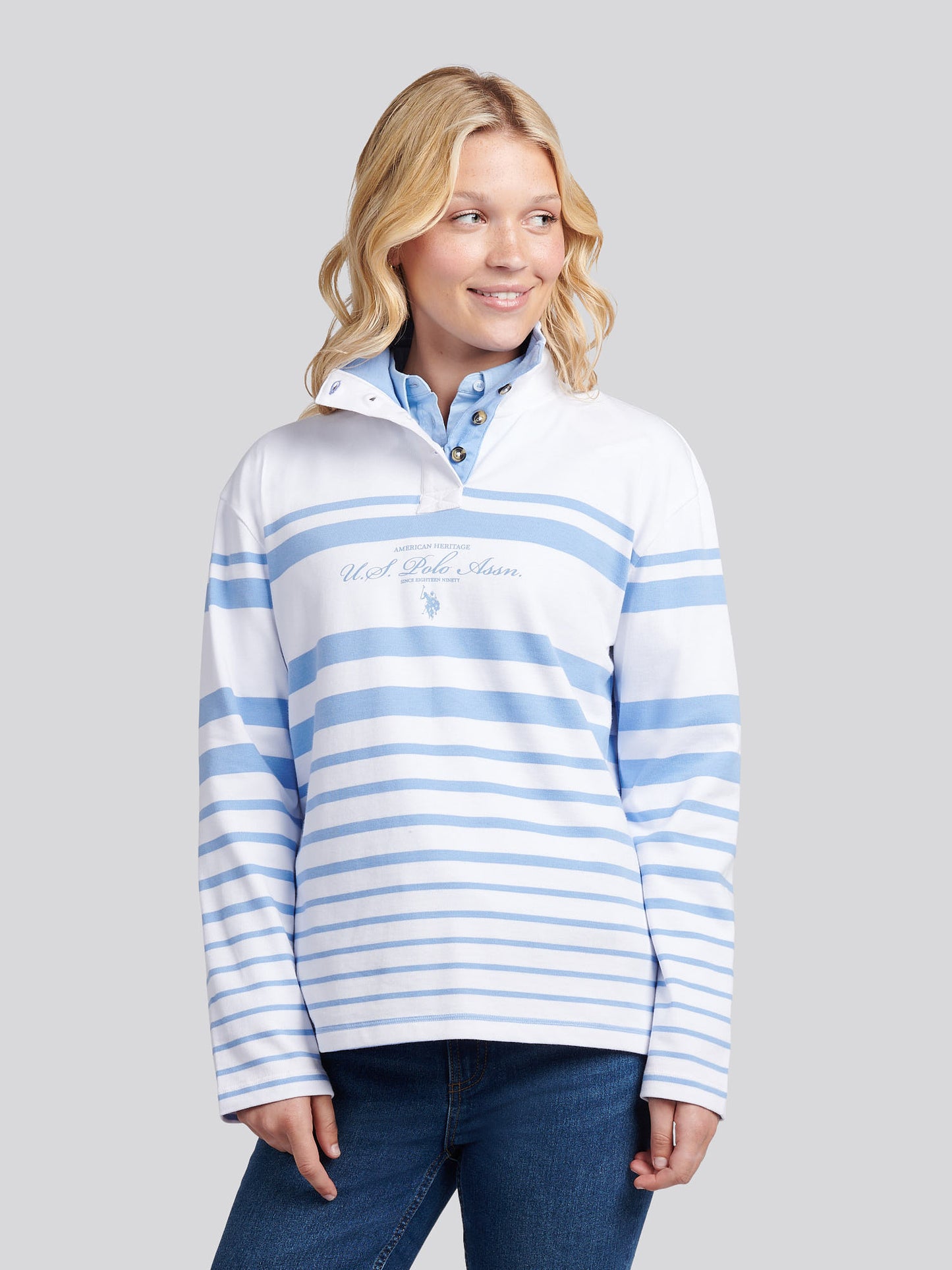 Womens Premium Graphic Stripe Funnel Neck Top in Vista Blue