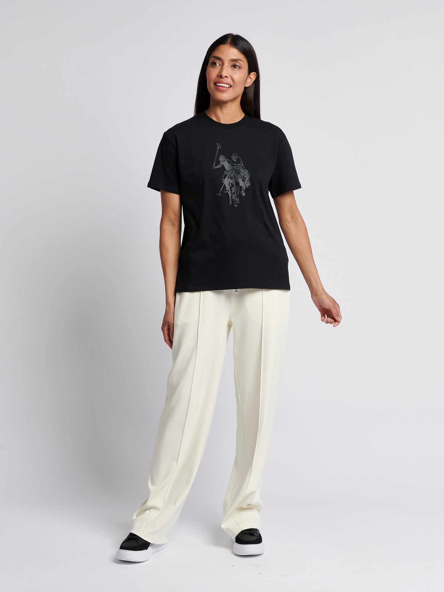 Womens Double Horsemen Print Crew Neck T-Shirt in Black