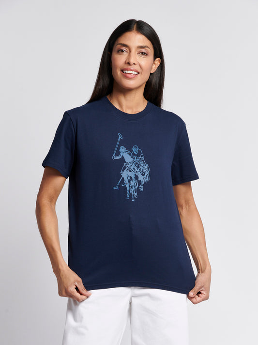 Womens Double Horsemen Print Crew Neck T-Shirt in Navy Iris