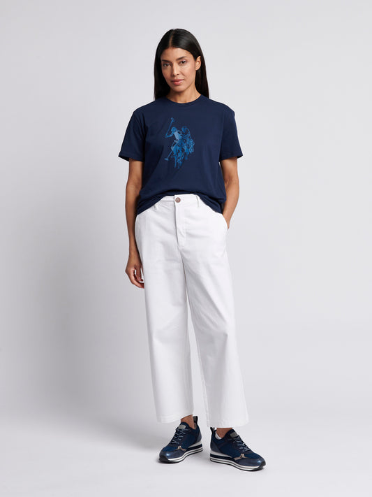 Womens Double Horsemen Print Crew Neck T-Shirt in Navy Iris