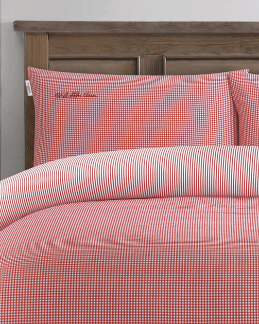 Pure Cotton Check Duvet Set in Haute Red