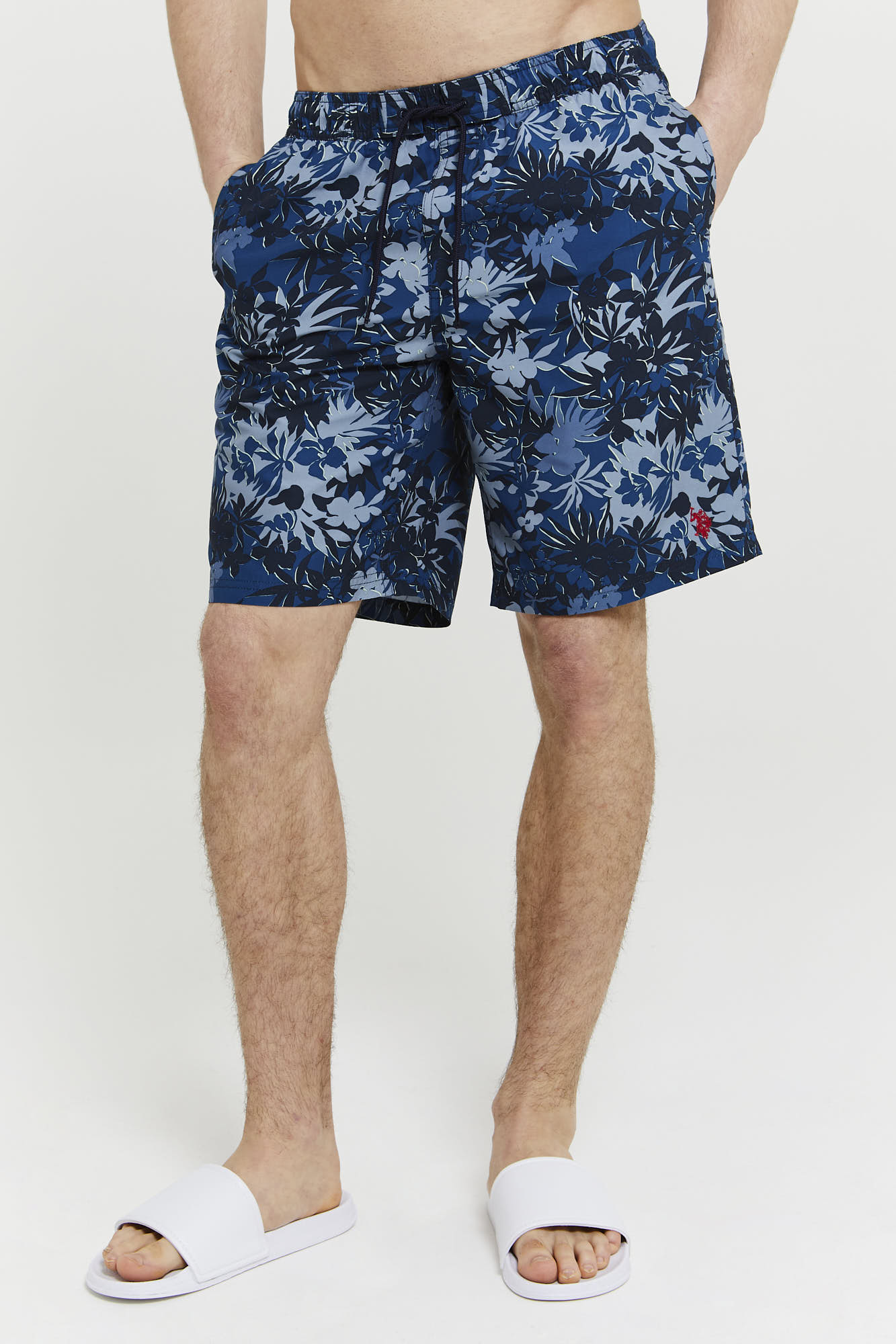 U.S. Polo Assn. Mens Palm Print Swim Shorts in Navy Blue