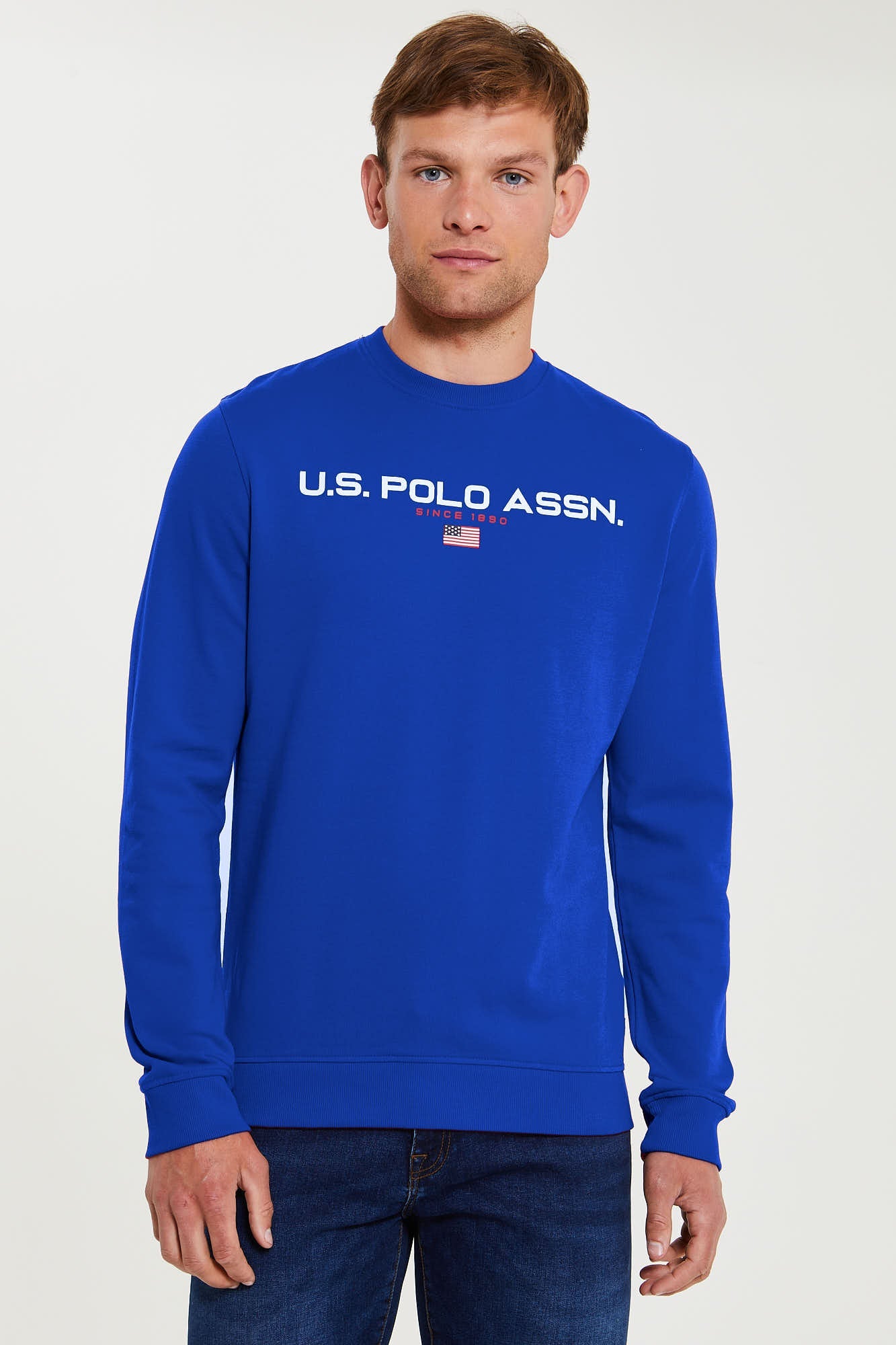 U.S. Polo Assn. Mens Block Flag Graphic Crew Neck Sweatshirt in Classic Blue
