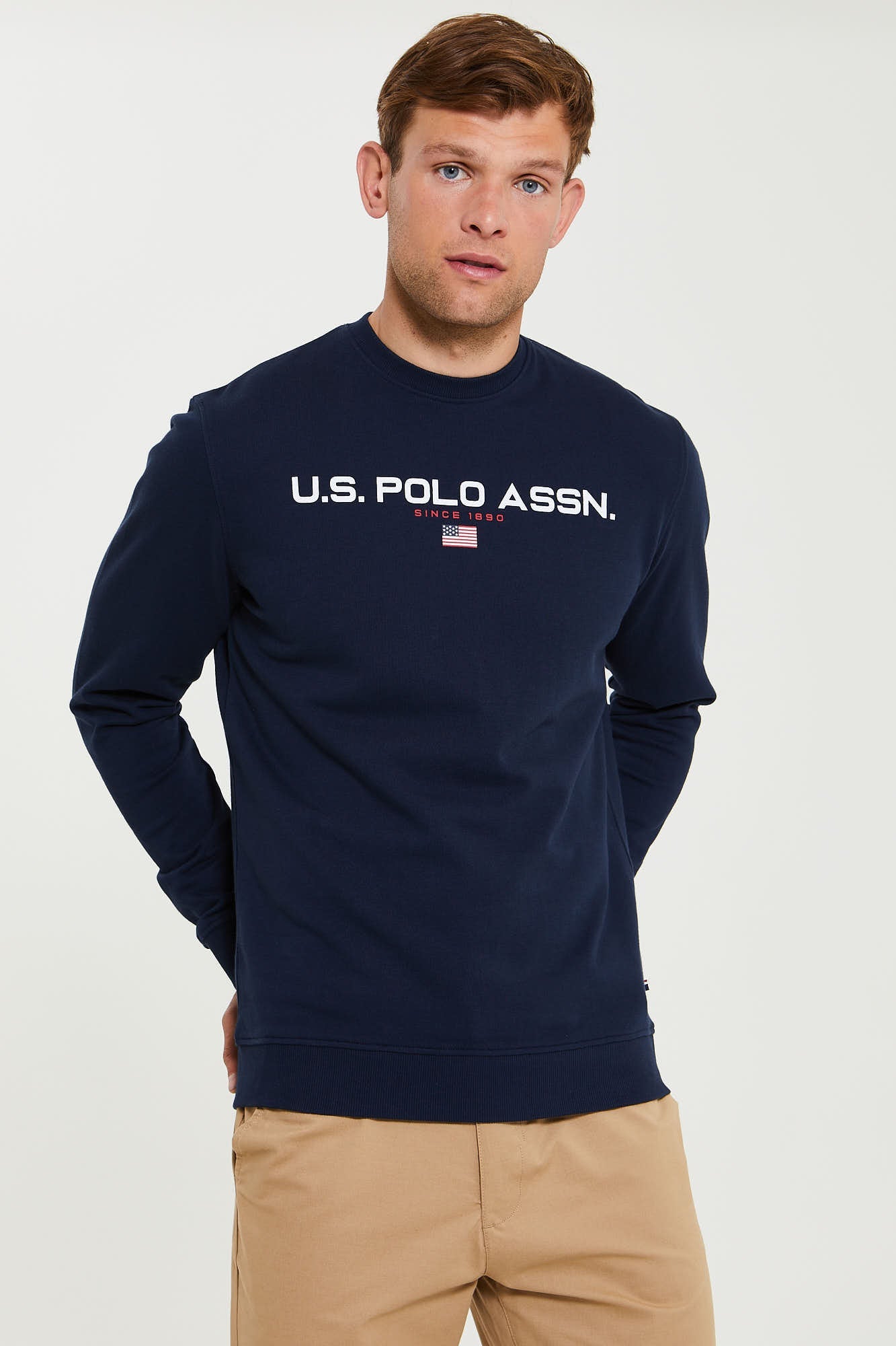 U.S. Polo Assn. Mens Block Flag Graphic Crew Neck Sweatshirt in Navy Blue