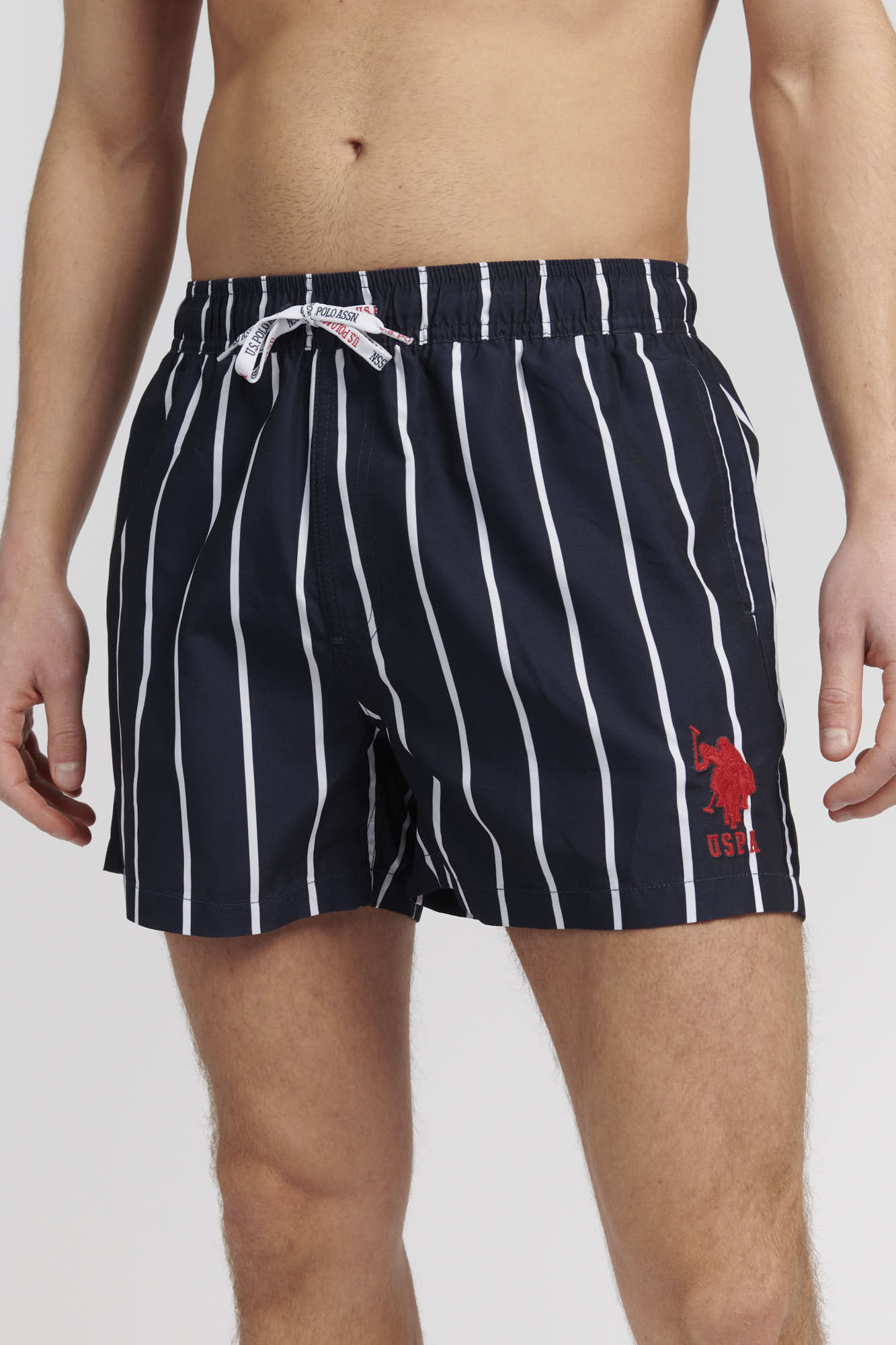 U.S. Polo Assn. Mens Stripe Player Swim Shorts in Navy Blue