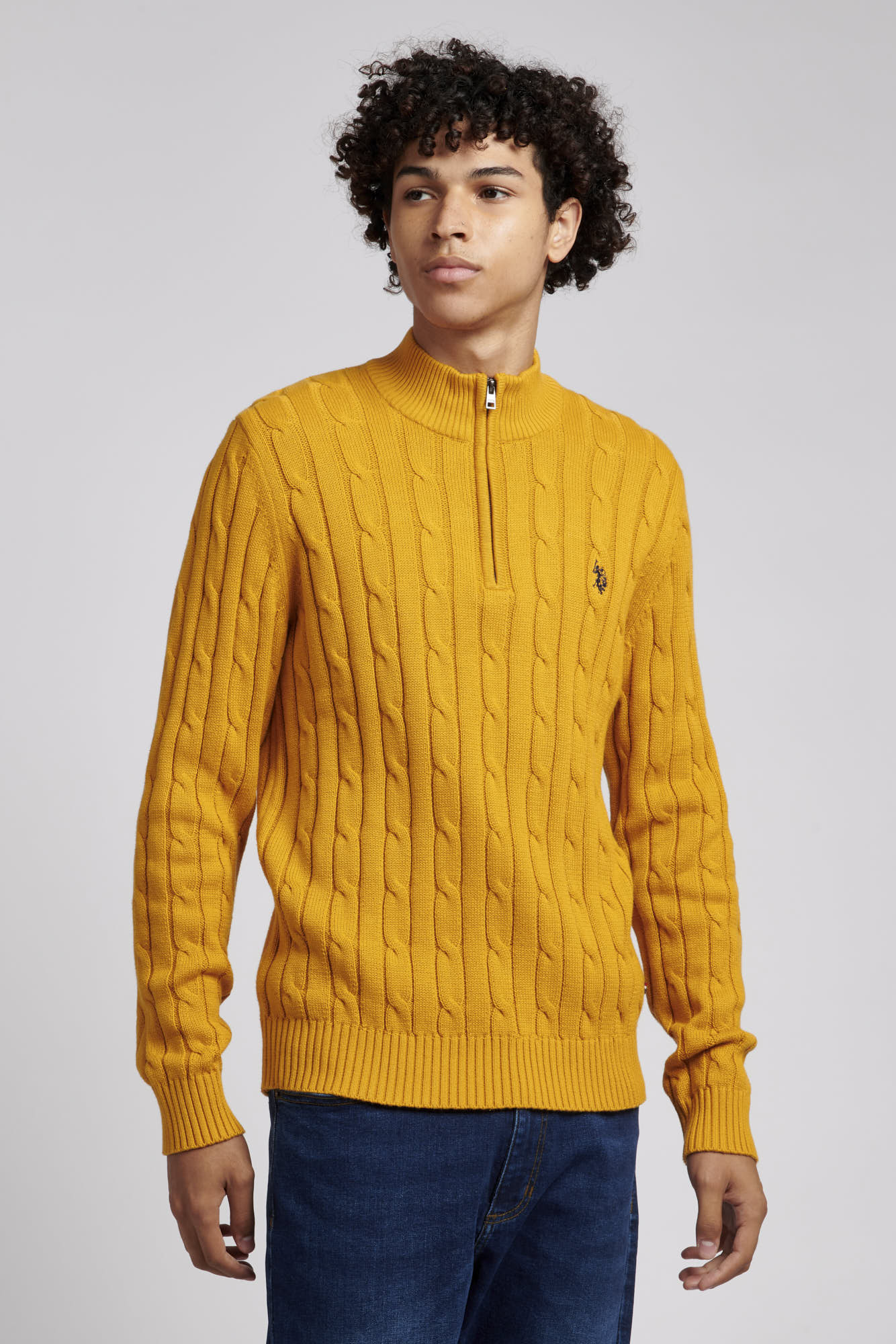 U.S. Polo Assn. Mens Cable Knit Quarter Zip Sweatshirt in Golden Yellow