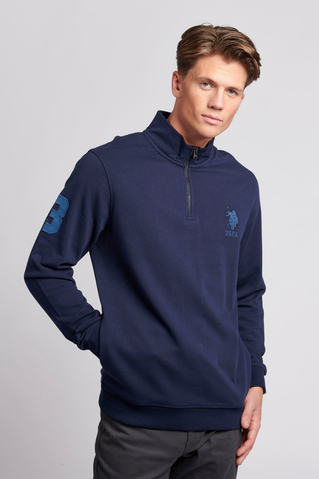 U.S. Polo Assn. Mens Quarter Zip Funnel Neck Sweatshirt in Navy Blue