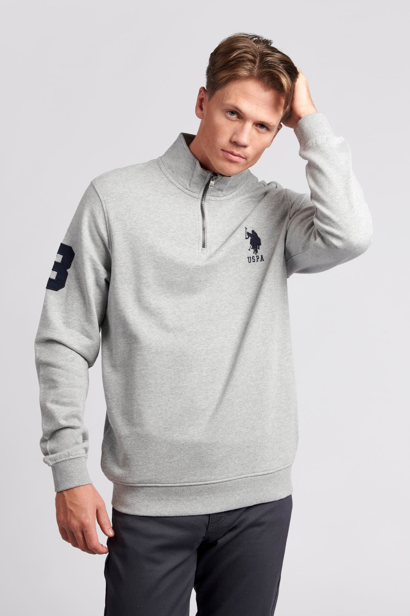 U.S. Polo Assn. Mens Quarter Zip Funnel Neck Sweatshirt in Vintage Grey Heather