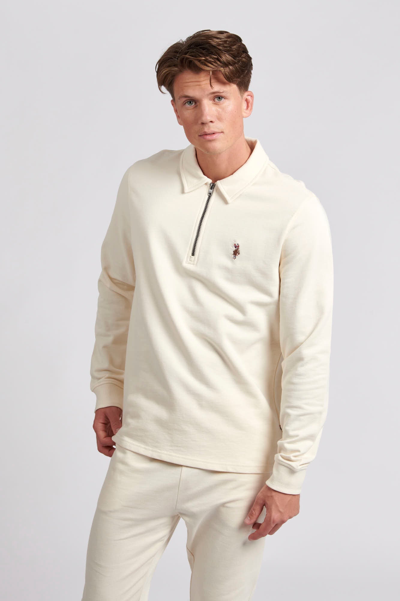 U.S. Polo Assn. Mens Quarter Zip Collared Sweatshirt in Marshmallow