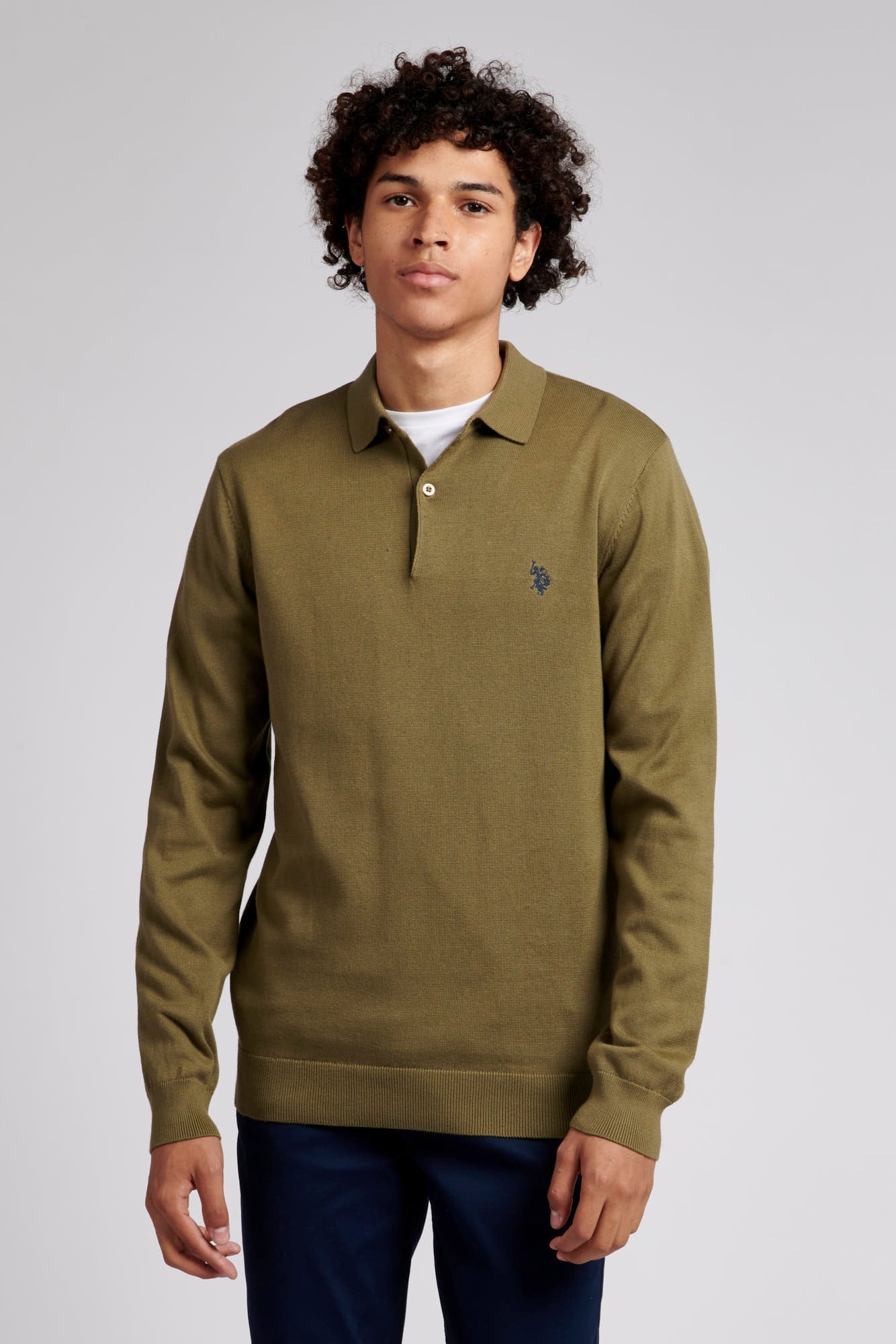 U.S. Polo Assn. Mens Long Sleeve Knitted Polo Shirt in Burnt Olive