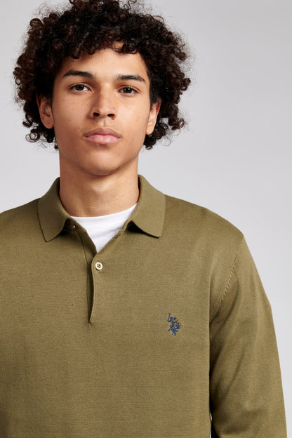 Mens Long Sleeve Knitted Polo Shirt in Burnt Olive