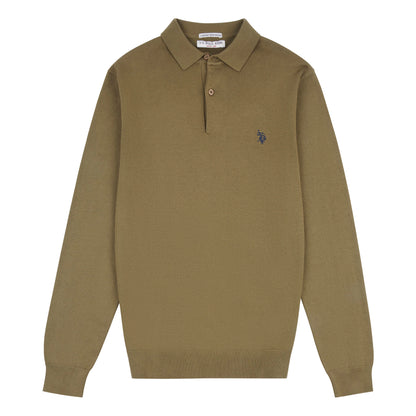 Mens Long Sleeve Knitted Polo Shirt in Burnt Olive