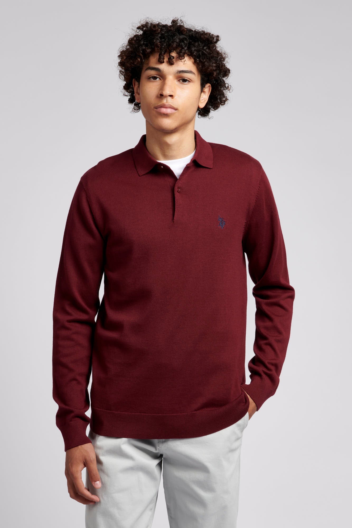 U.S. Polo Assn. Mens Long Sleeve Knitted Polo Shirt in Windsor Wine