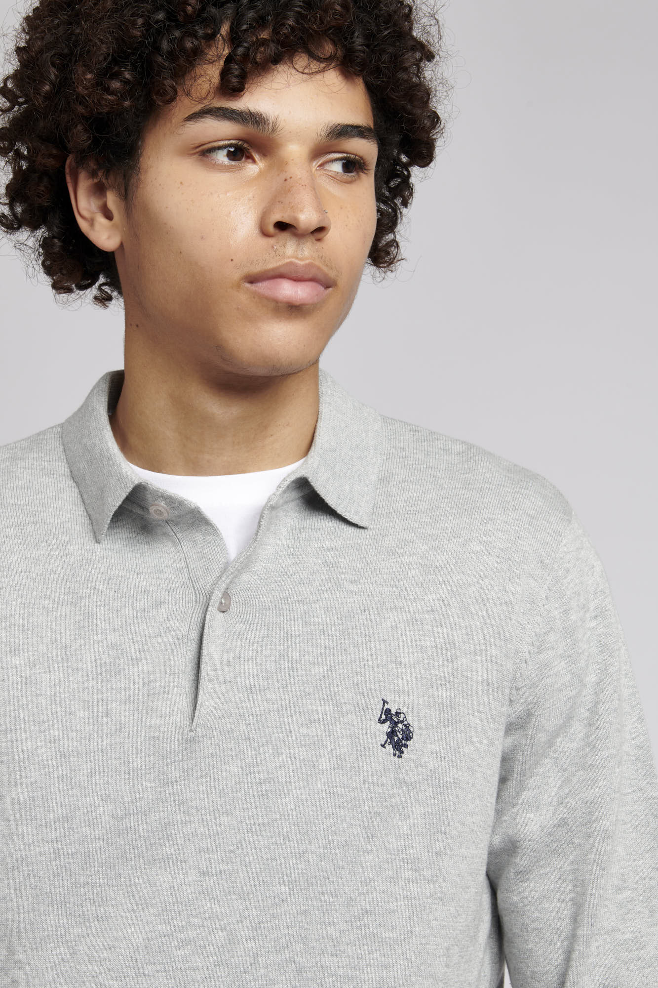 Mens Long Sleeve Knitted Polo Shirt in Vintage Grey Heather