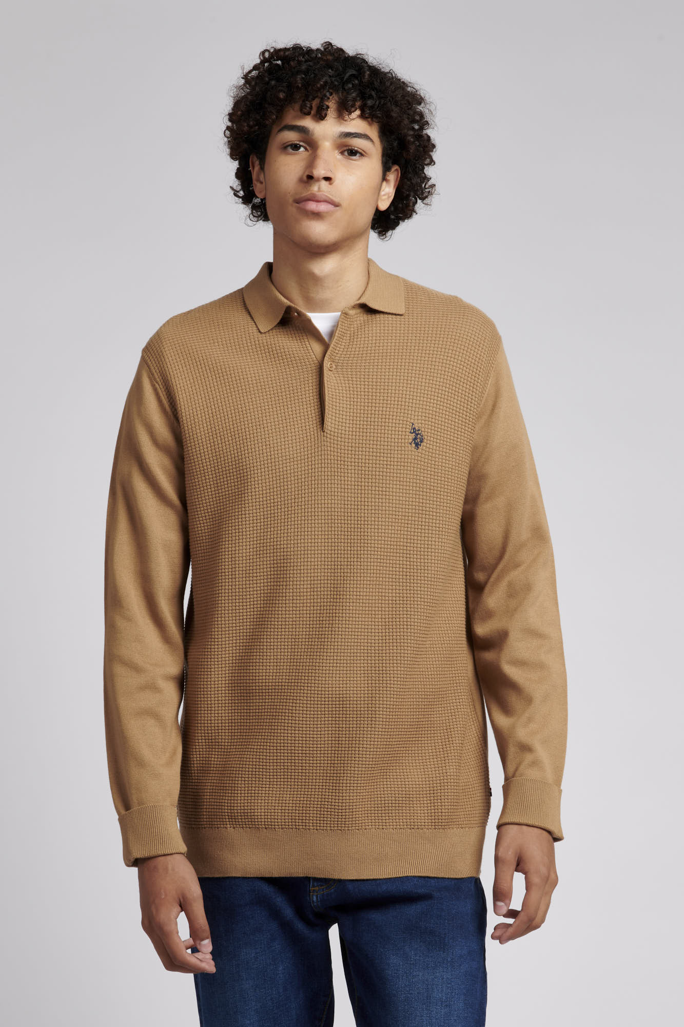 U.S. Polo Assn. Mens Textured Knitted Polo Shirt in Tigers Eye