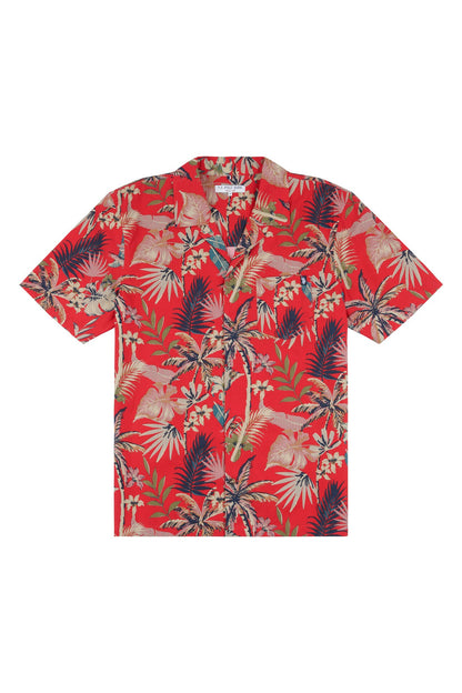 Mens Palm Leaf Seersucker Revere Short Sleeve Shirt in Haute Red