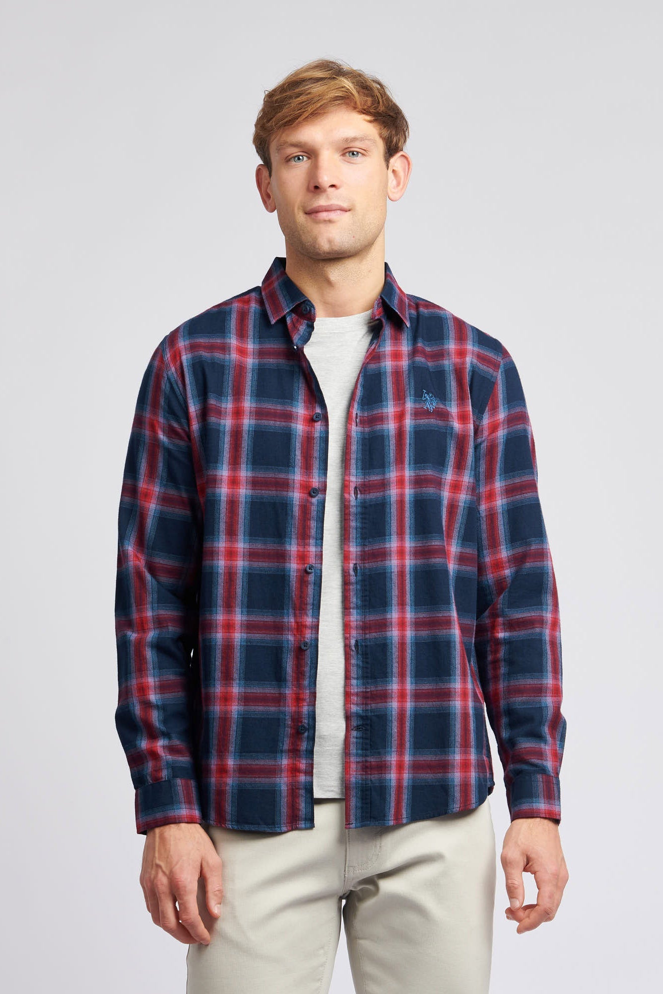 U.S. Polo Assn. Mens Peached Check Poplin Shirt in Navy Blue