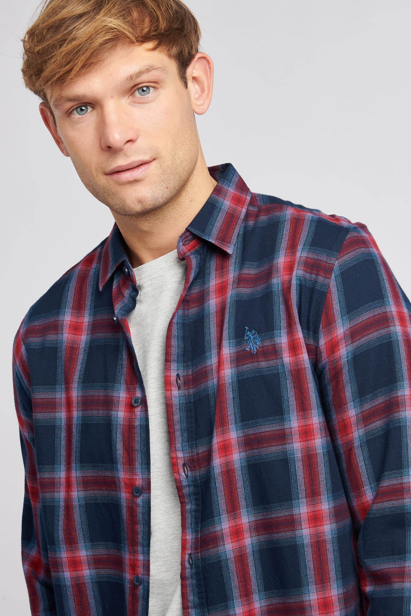 Mens Peached Check Poplin Shirt in Navy Blue