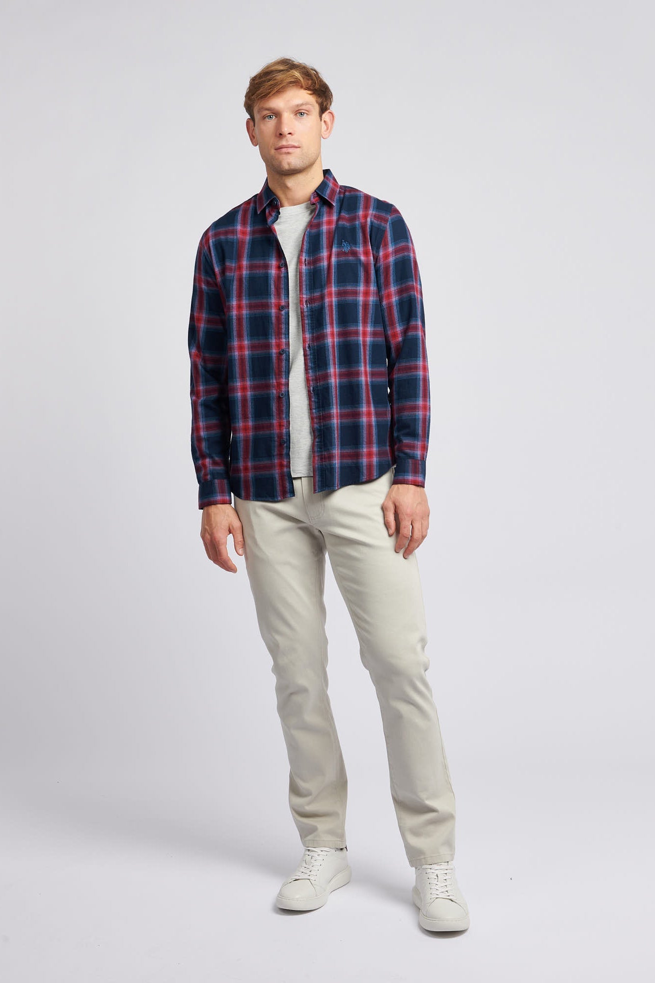 Mens Peached Check Poplin Shirt in Navy Blue