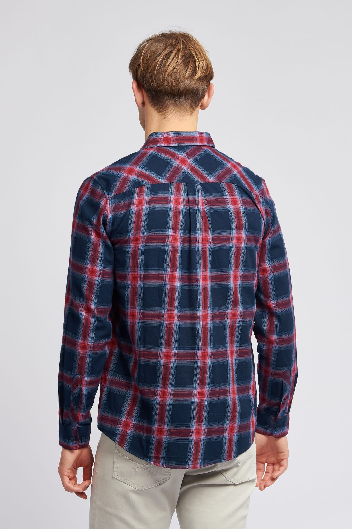 Mens Peached Check Poplin Shirt in Navy Blue