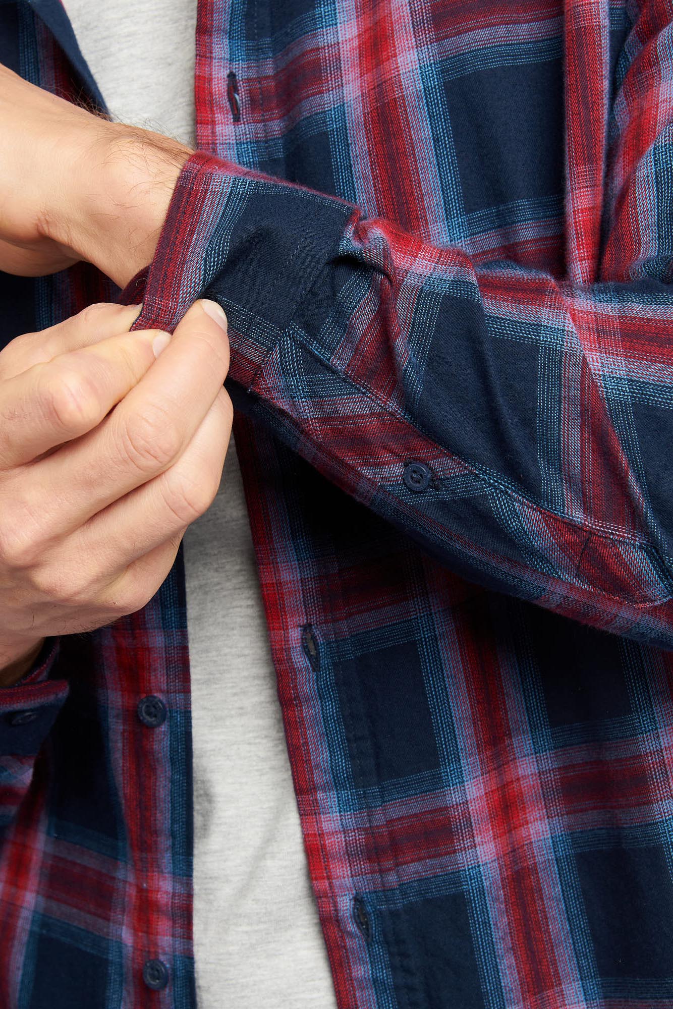 Mens Peached Check Poplin Shirt in Navy Blue