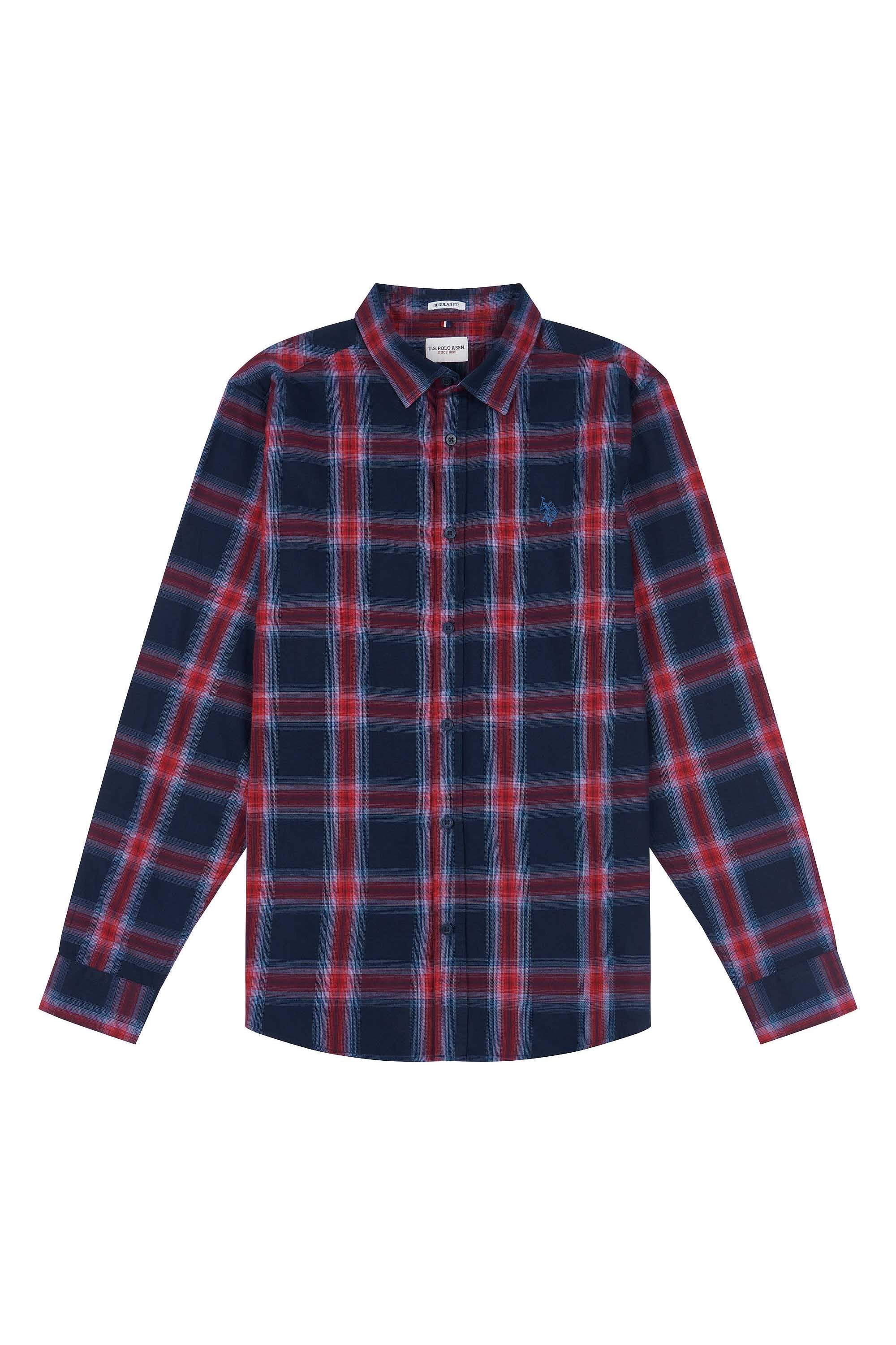 Mens Peached Check Poplin Shirt in Navy Blue