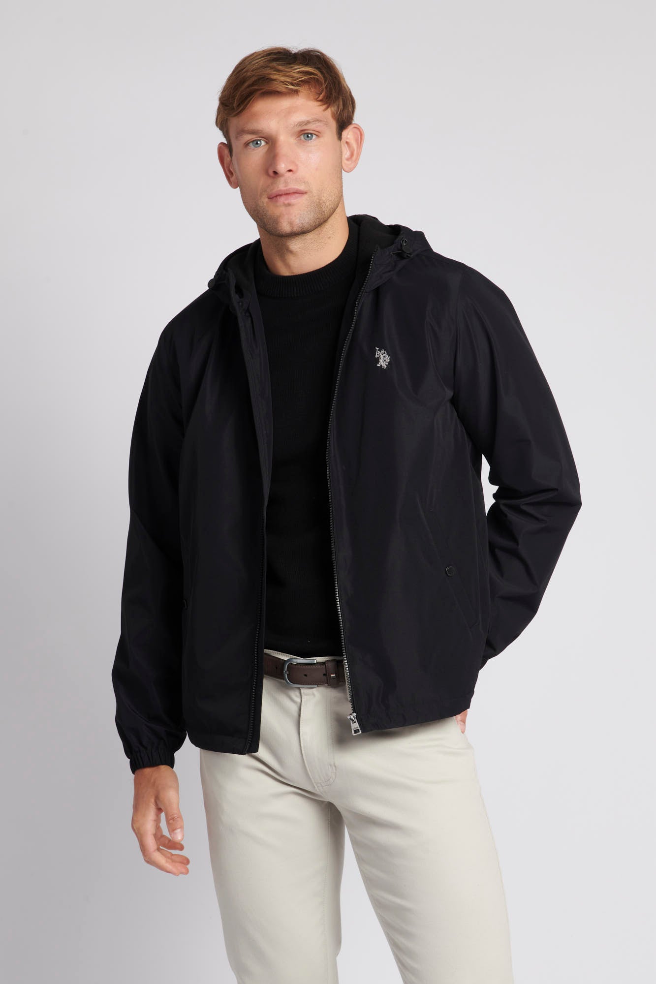 U.S. Polo Assn. Mens Zip-Through Hooded Coat in Black Steeple Grey DHM