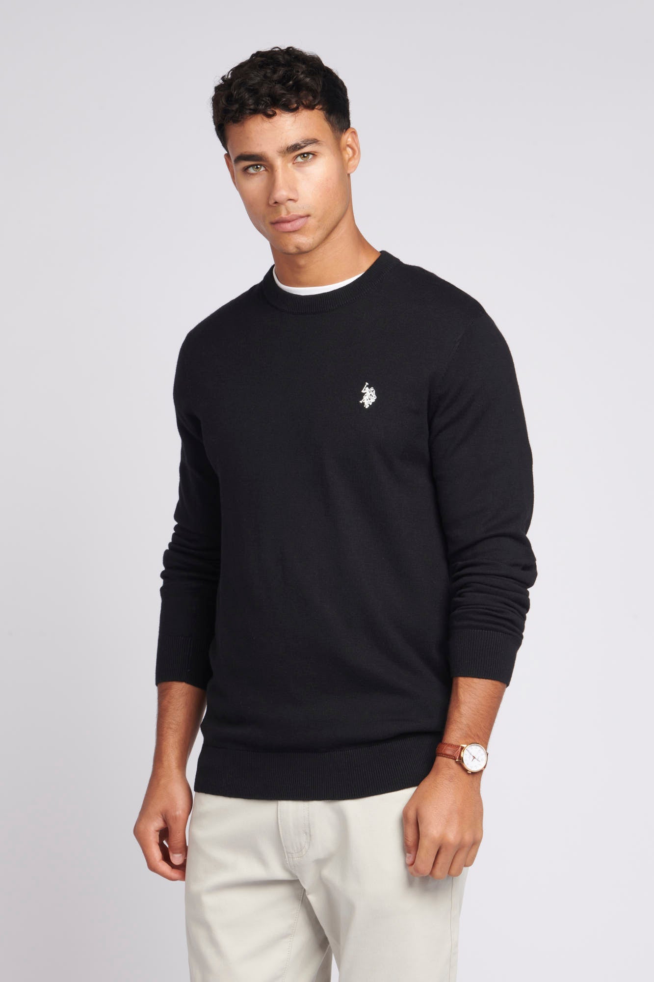 U.S. Polo Assn. Mens Cotton Crew Neck Jumper in Black Steeple Grey DHM
