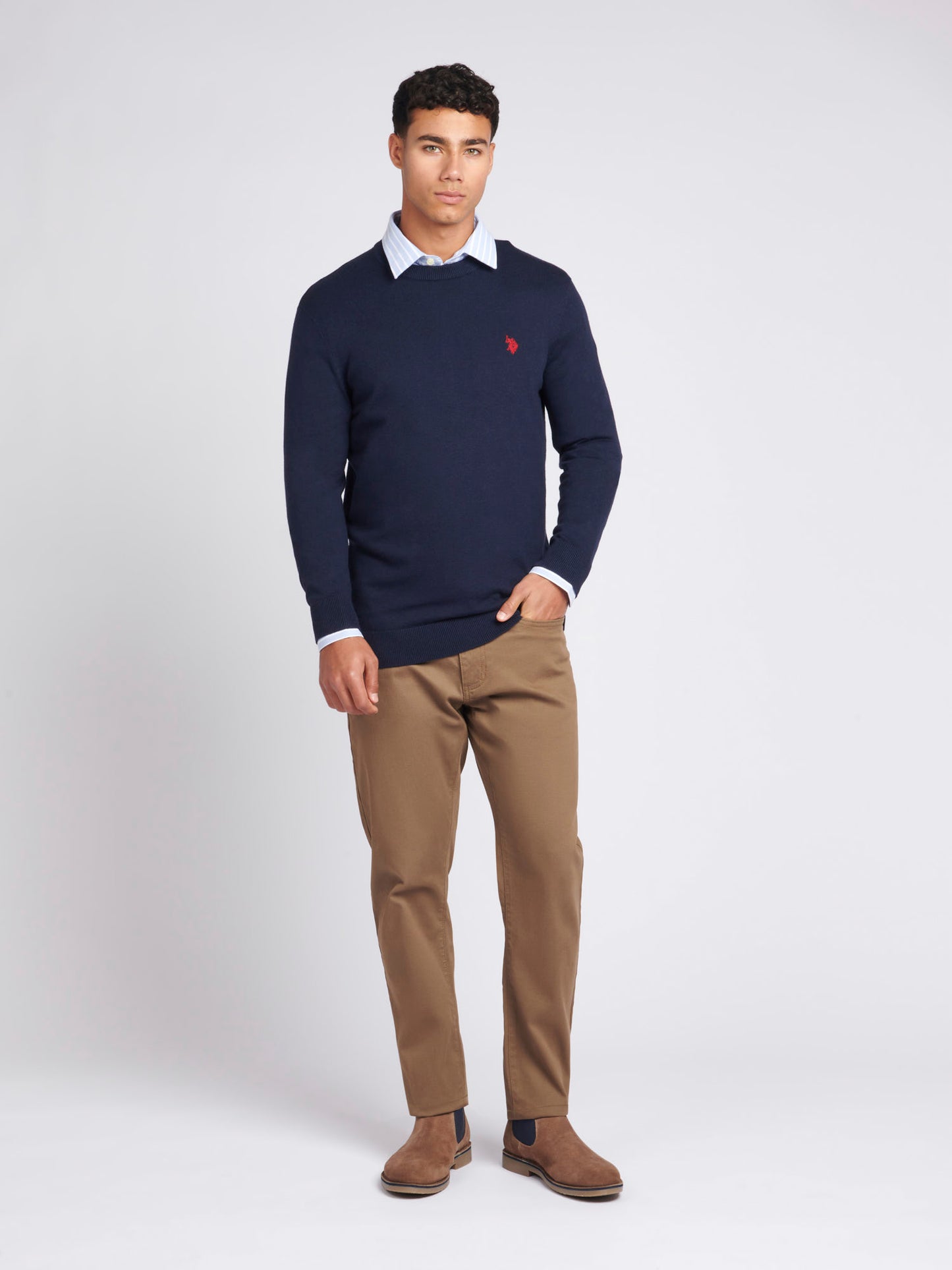 Mens Lightweight Crew Neck Jumper in Dark Sapphire Navy / Haute Red DHM