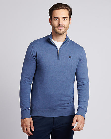 Mens Cotton Funnel Neck 1/4 Zip Knit in Vintage Indigo