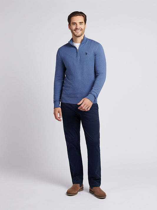 Mens Cotton Funnel Neck 1/4 Zip Knit in Vintage Indigo