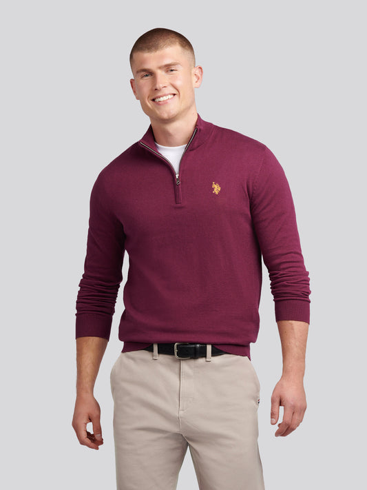 Mens Cotton Funnel Neck 1/4 Zip Knit in Grape Wine
