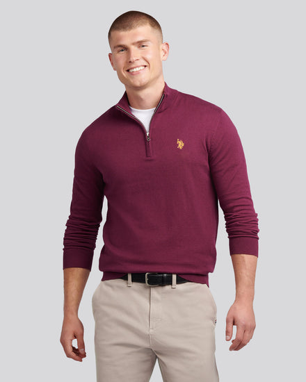 Mens Cotton Funnel Neck 1/4 Zip Knit in Grape Wine