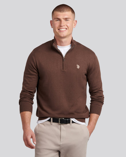 Mens Cotton Funnel Neck 1/4 Zip Knit in Chocolate Martini