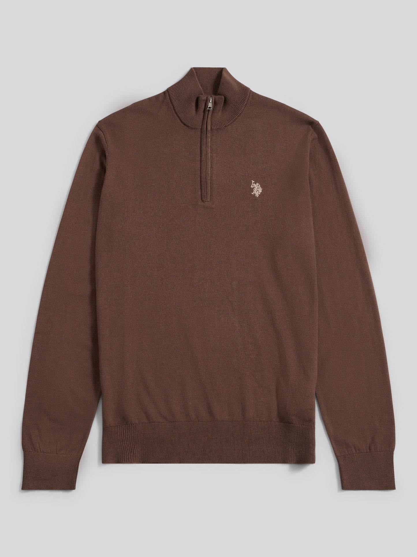 Mens Cotton Funnel Neck 1/4 Zip Knit in Chocolate Martini