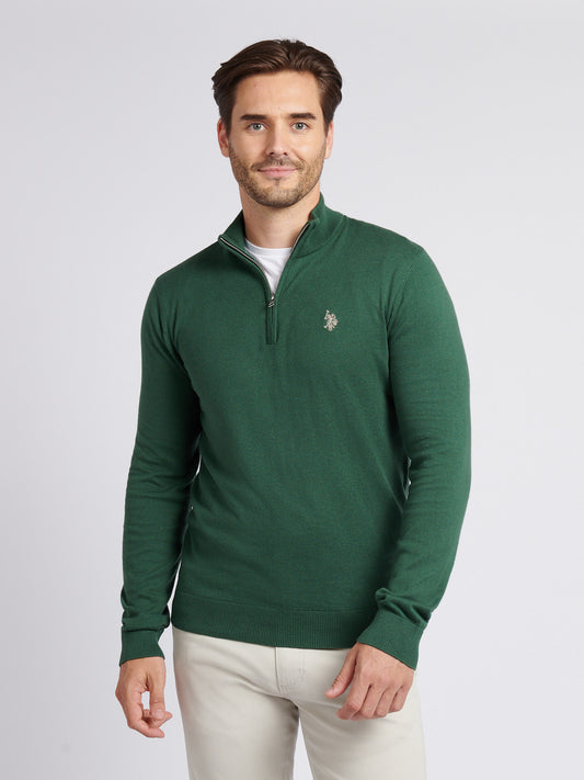 Mens Cotton Funnel Neck 1/4 Zip Knit in Pineneedle
