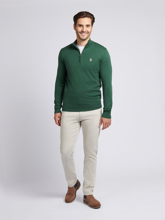 Mens Cotton Funnel Neck 1/4 Zip Knit in Pineneedle