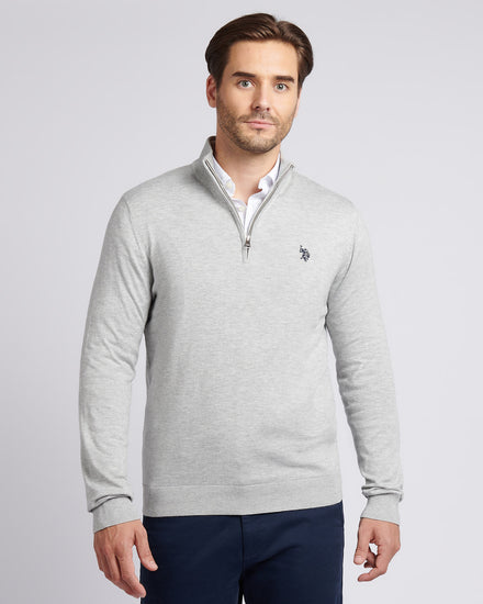Mens Cotton Funnel Neck 1/4 Zip Knit in Mid Grey Marl