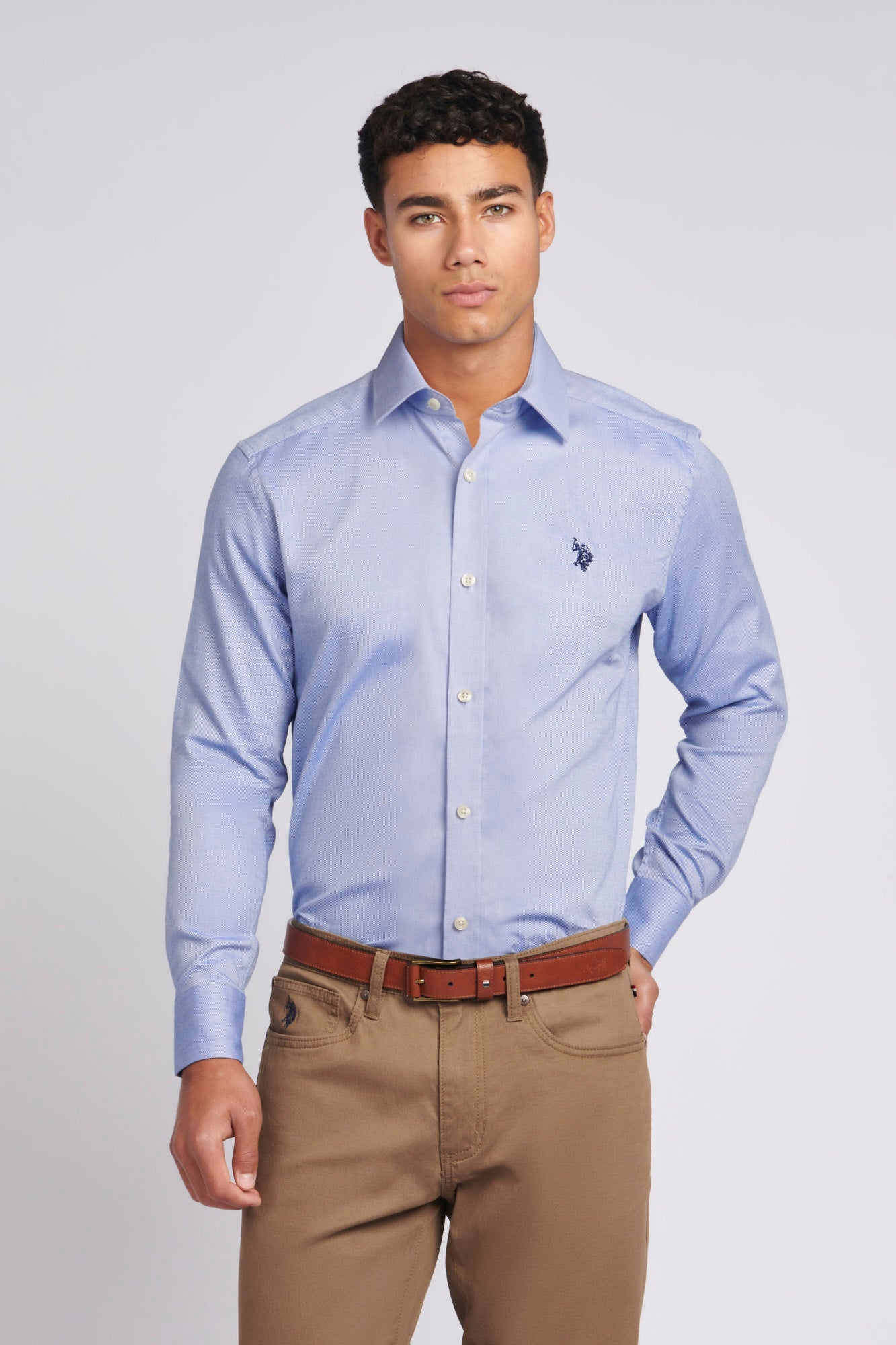 U.S. Polo Assn. Mens Long Sleeve Dobby Texture Shirt in Navy Blue