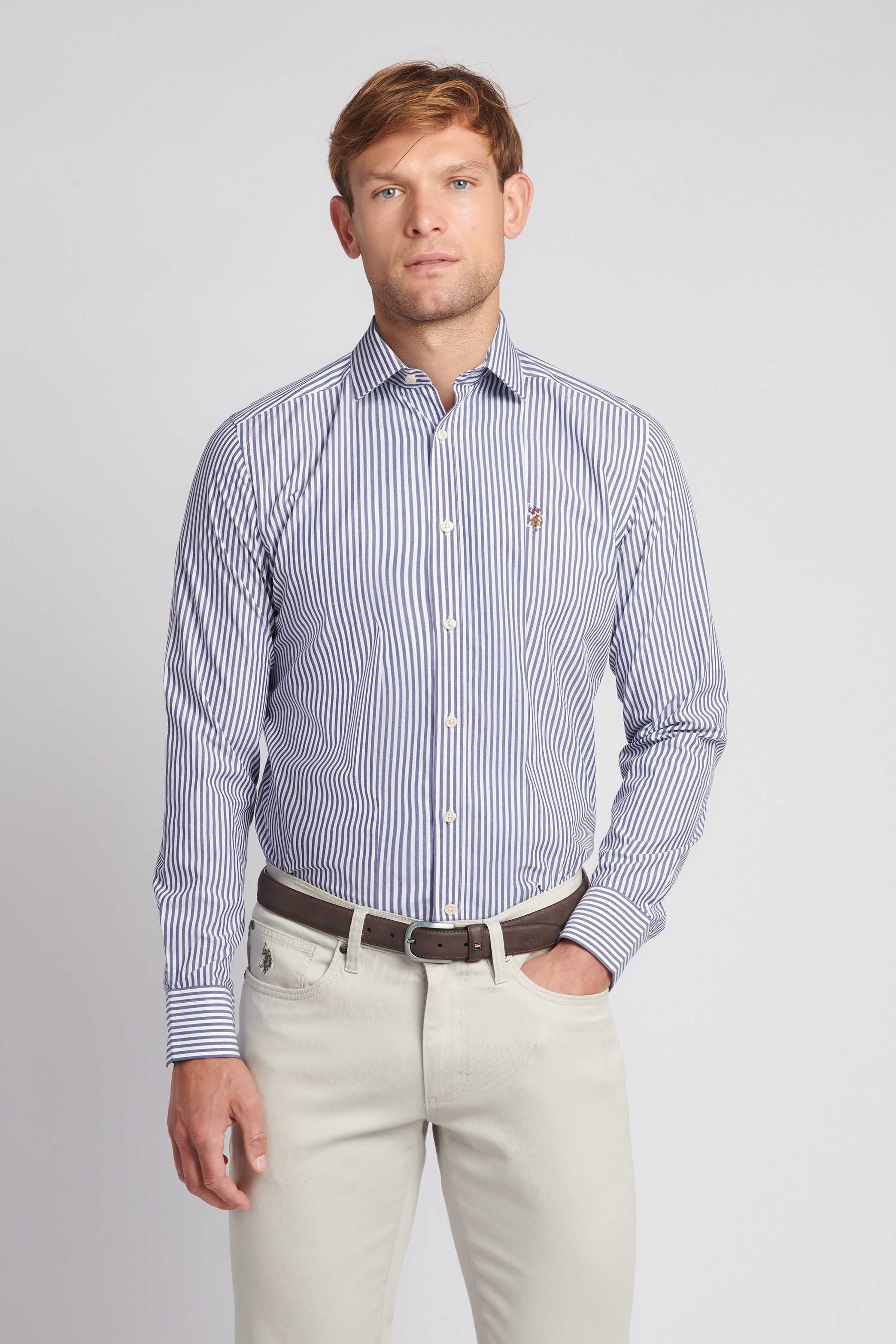 U.S. Polo Assn. Mens Long Sleeve Poplin Bengal Stripe Shirt in Navy Blue